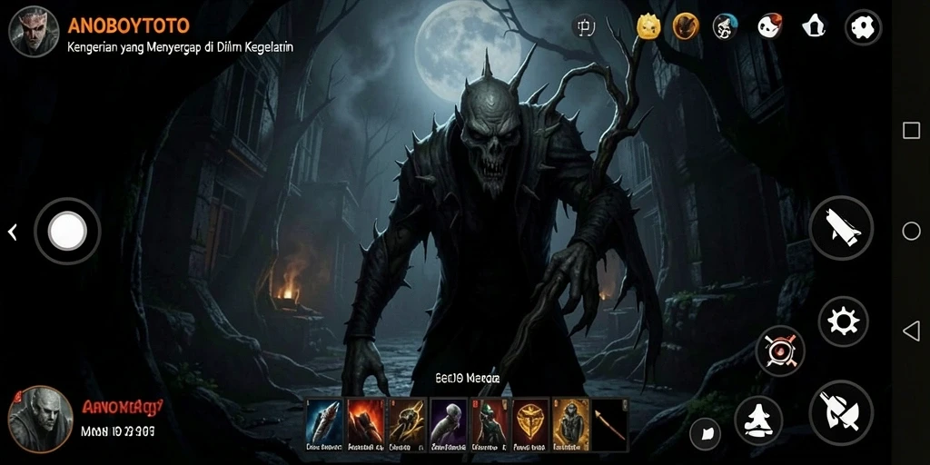 Screenshot ANOBOYTOTO menampilkan suasana mencekam saat menjelajahi lokasi gelap.