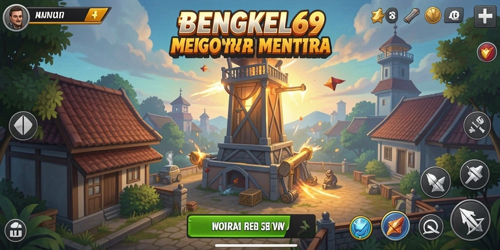 Screenshot gameplay BENGKEL69 menunjukkan menara melawan gelombang musuh.