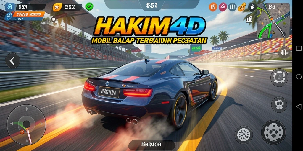 Screenshot menunjukkan aksi balapan seru di HAKIM4D dengan berbagai mobil.