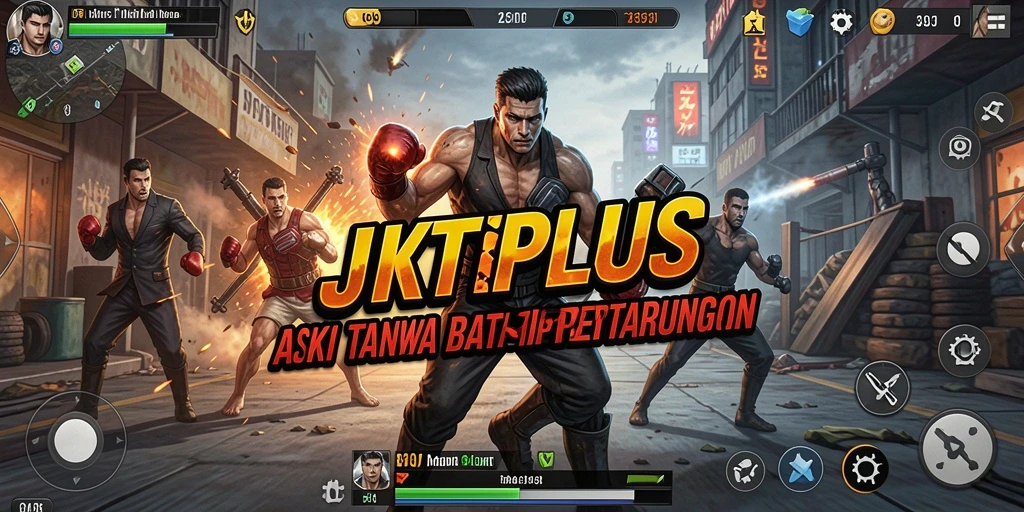 Screenshot utama JKTPLUS menampilkan aksi pertempuran yang menegangkan.