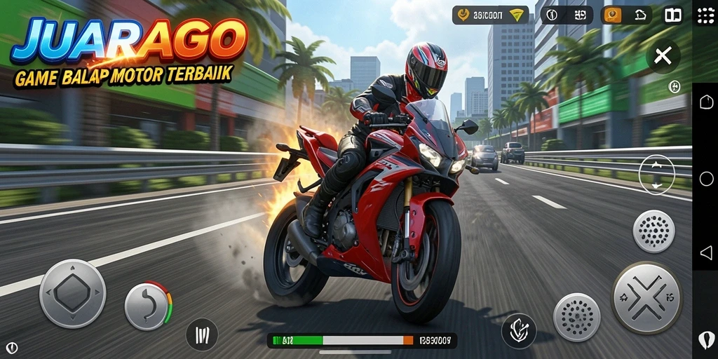 Screenshot gameplay JUARAGO menampilkan aksi balap motor yang cepat dan mendebarkan.