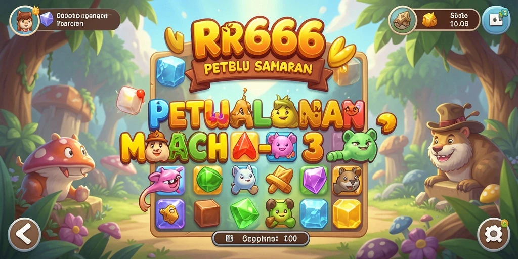 Screenshot RR666 yang menunjukkan berbagai tahap gameplay Match-3 yang seru.